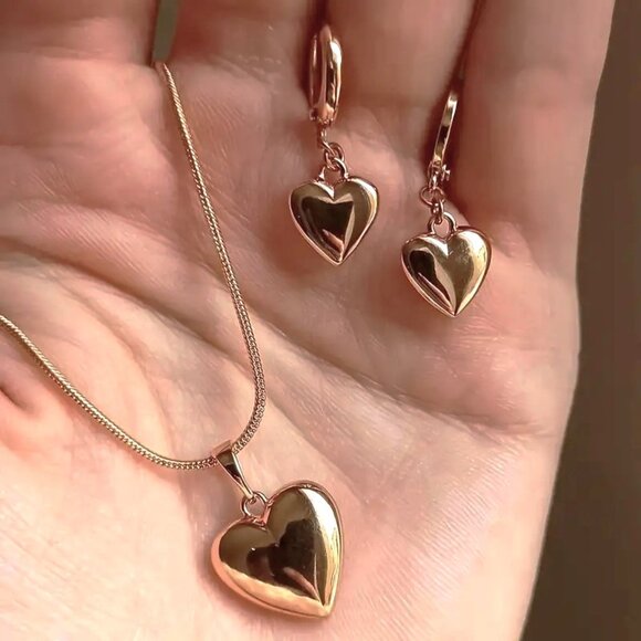 Heart Necklace Earrings Jewelry - Puff Heart Necklace & Earrings 3pc Set Dangle Simple Minimalist Gold Elegant NEW